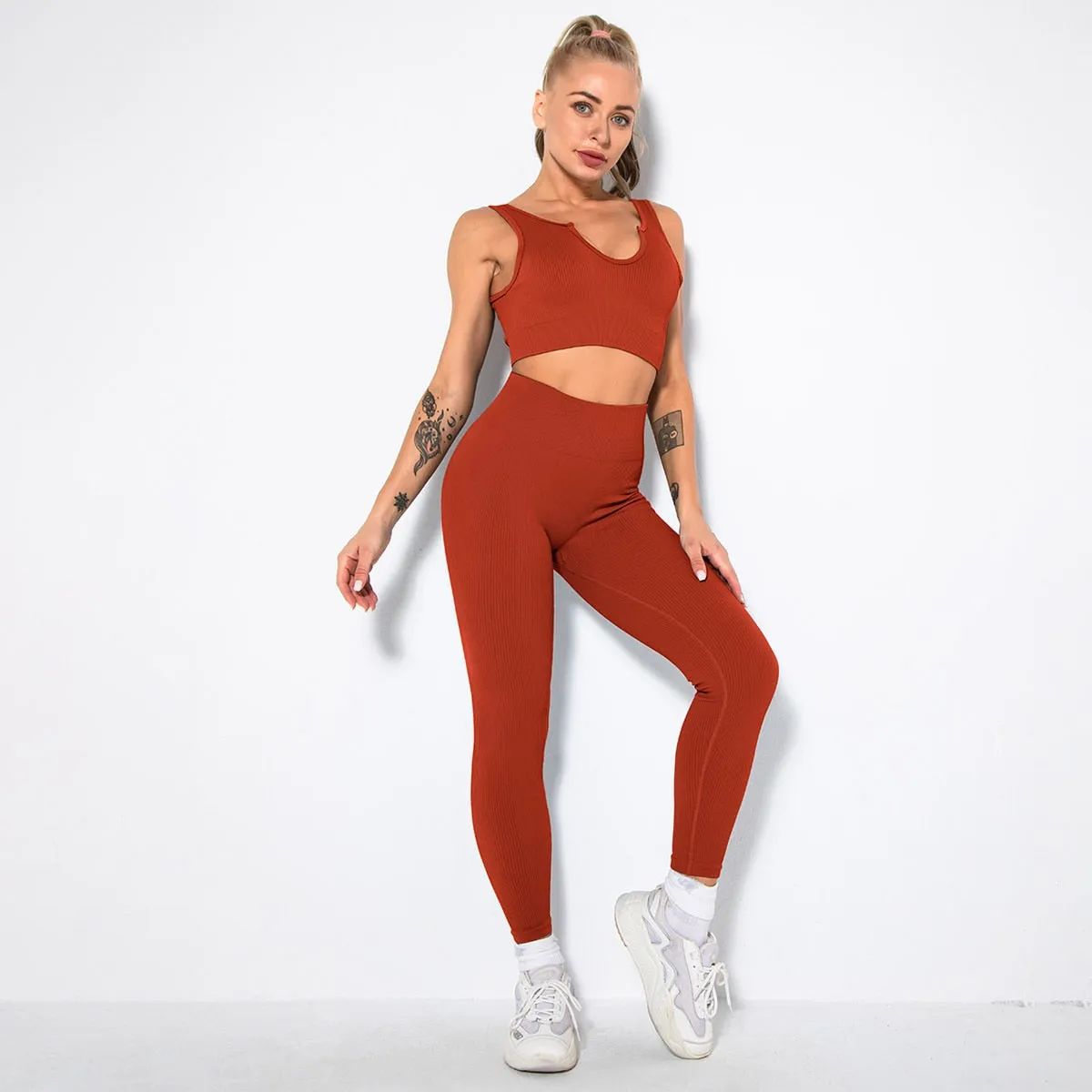 Seamless Yoga Set 2/3/4 Piece Gym Set Women Ribbed Crop Top Shorts Suits Fitness Sports Bra Leggings Running Outfits Tracksuit v2