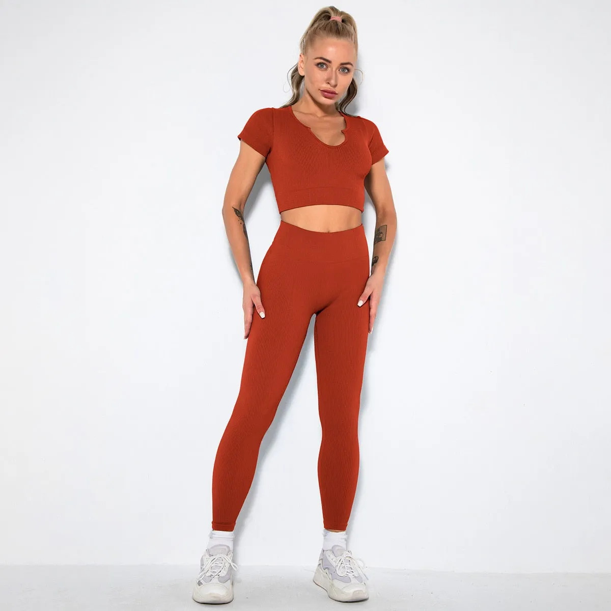 Seamless Yoga Set 2/3/4 Piece Gym Set Women Ribbed Crop Top Shorts Suits Fitness Sports Bra Leggings Running Outfits Tracksuit v2