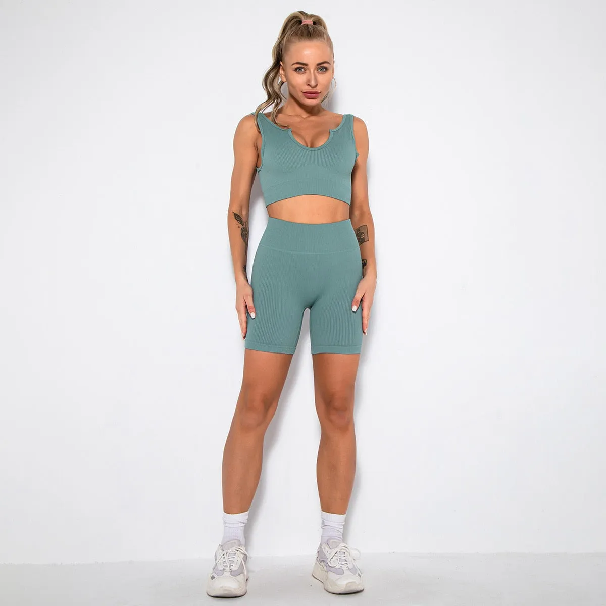 Seamless Yoga Set 2/3/4 Piece Gym Set Women Ribbed Crop Top Shorts Suits Fitness Sports Bra Leggings Running Outfits Tracksuit v2