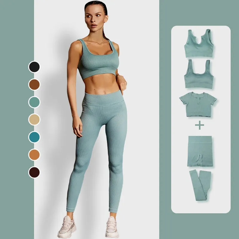 Seamless Yoga Set 2/3/4 Piece Gym Set Women Ribbed Crop Top Shorts Suits Fitness Sports Bra Leggings Running Outfits Tracksuit v2