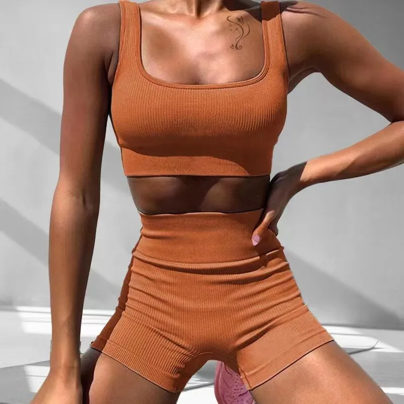 Seamless Yoga Set 2/3/4 Piece Gym Set Women Ribbed Crop Top Shorts Suits Fitness Sports Bra Leggings Running Outfits Tracksuit v2