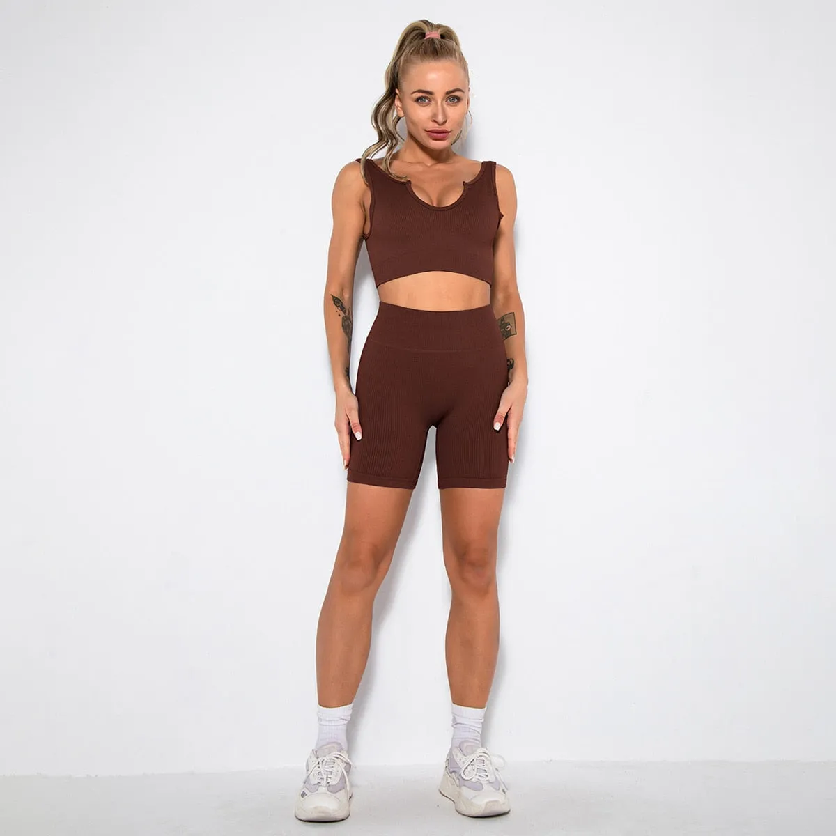 Seamless Yoga Set 2/3/4 Piece Gym Set Women Ribbed Crop Top Shorts Suits Fitness Sports Bra Leggings Running Outfits Tracksuit v2