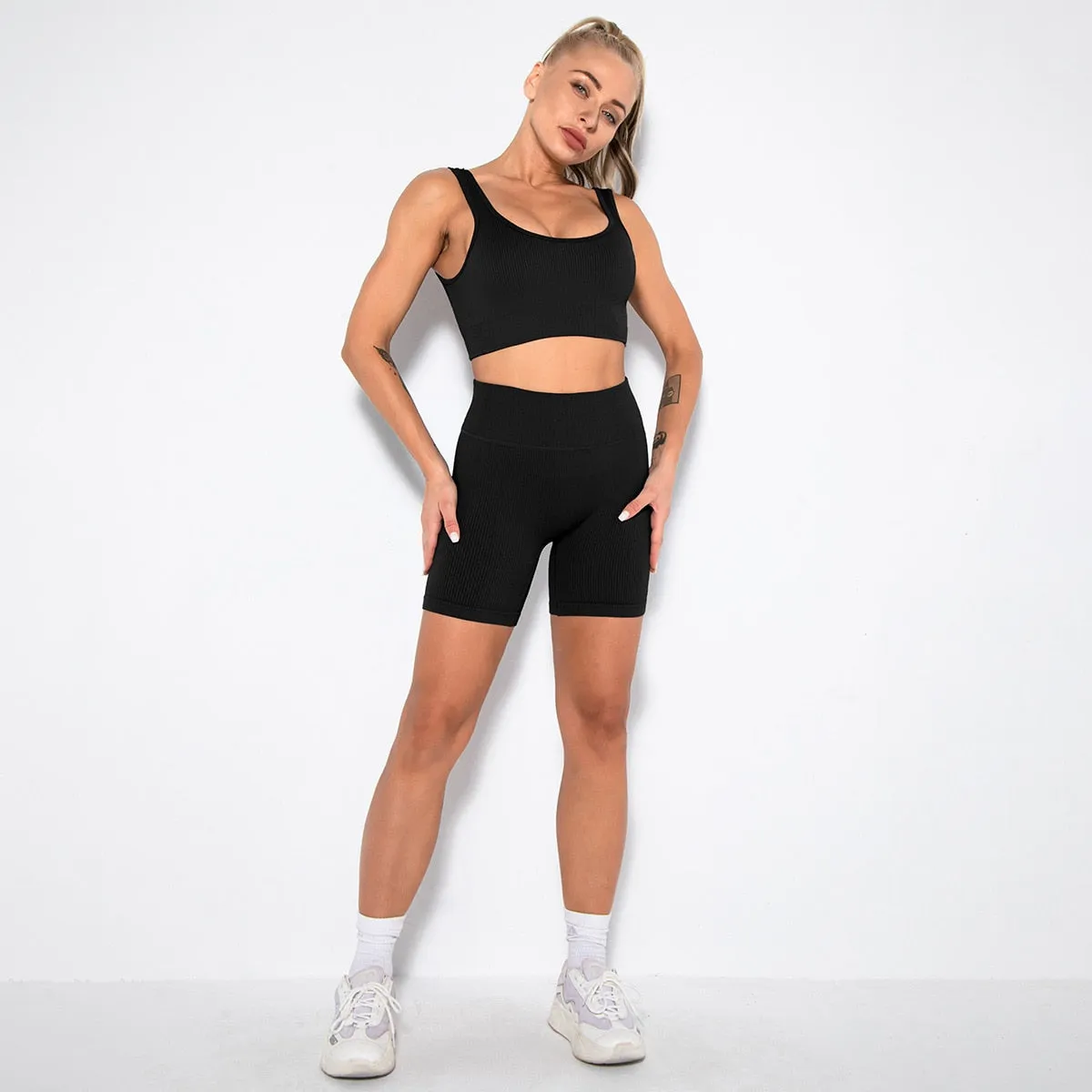 Seamless Yoga Set 2/3/4 Piece Gym Set Women Ribbed Crop Top Shorts Suits Fitness Sports Bra Leggings Running Outfits Tracksuit v2