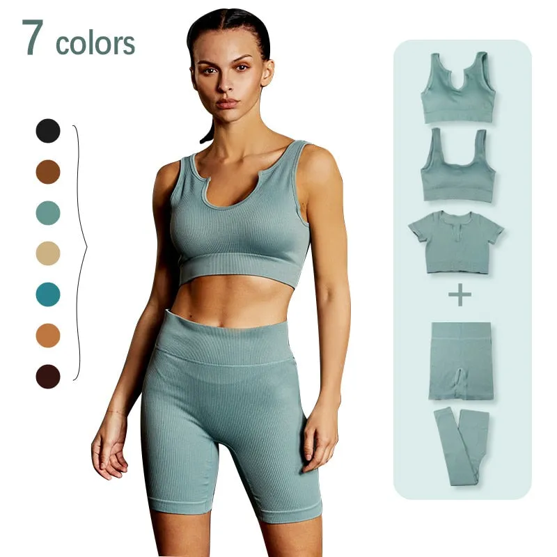 Seamless Yoga Set 2/3/4 Piece Gym Set Women Ribbed Crop Top Shorts Suits Fitness Sports Bra Leggings Running Outfits Tracksuit v2