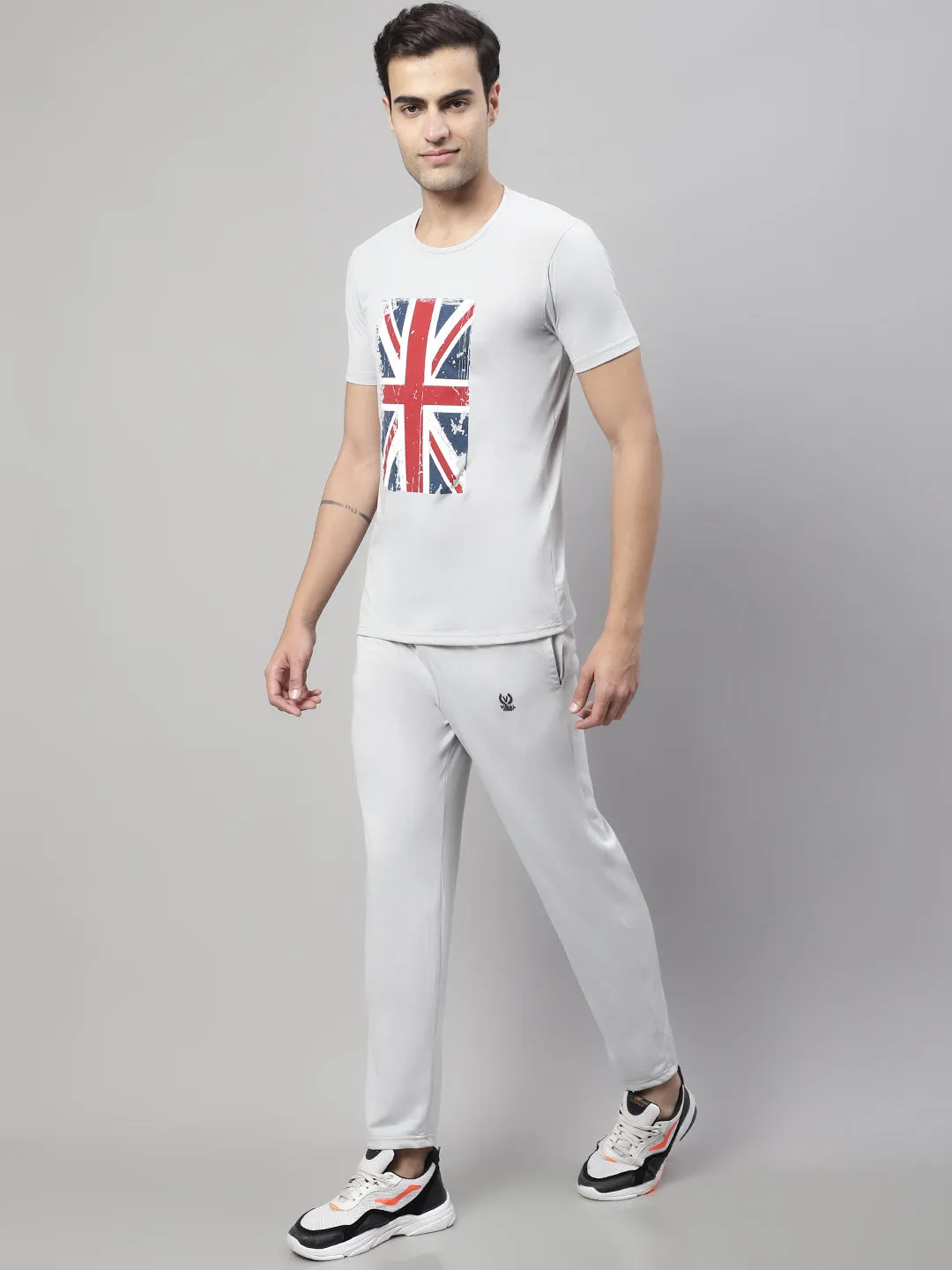 Vimal Jonney Grey Melange Cotton Printed Co-ord Set Tracksuit For Men(Zip On 1 Side Pocket)