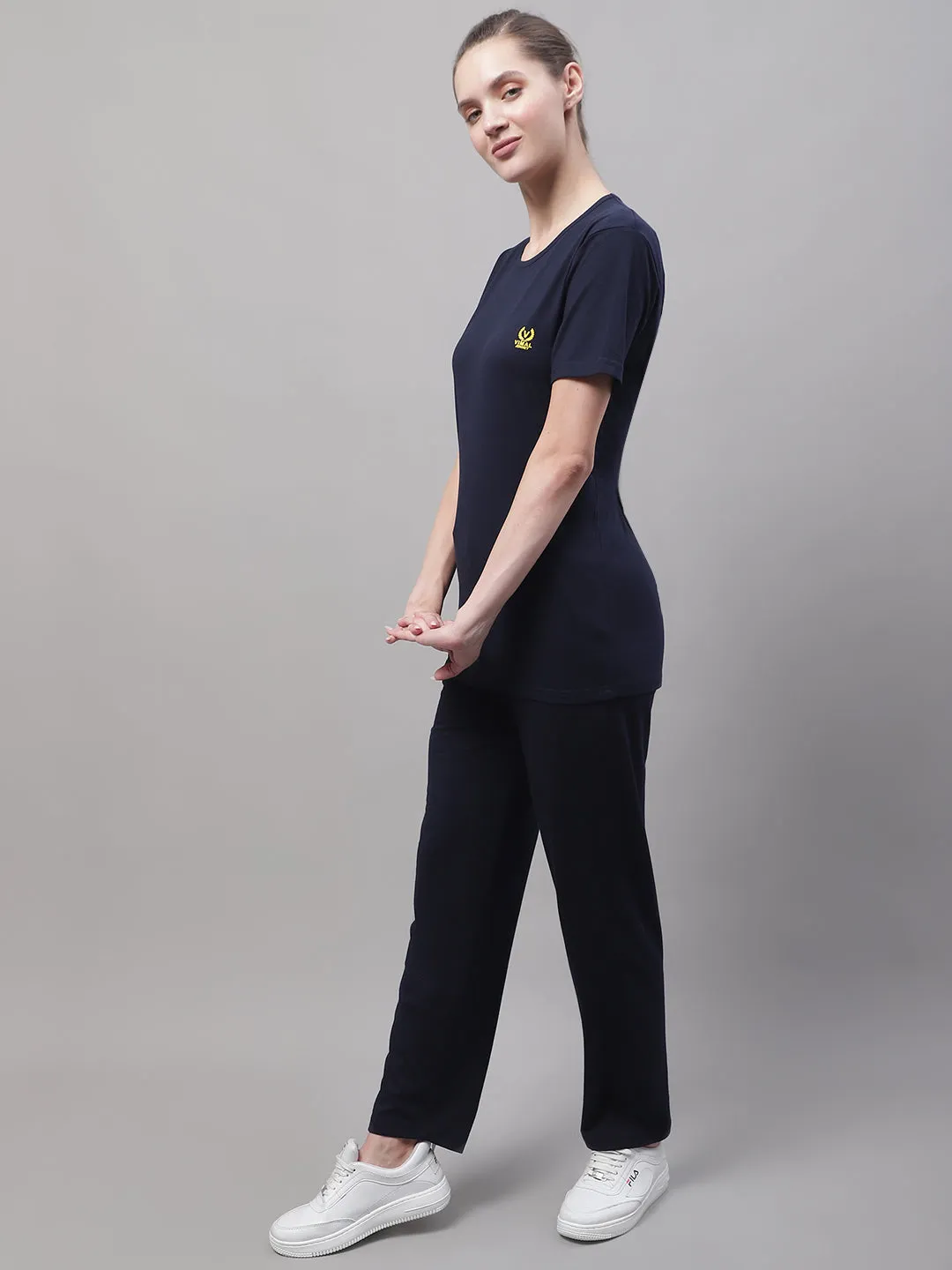 Vimal Jonney Navy Blue Cotton Solid Co-ord Set Tracksuit For Women