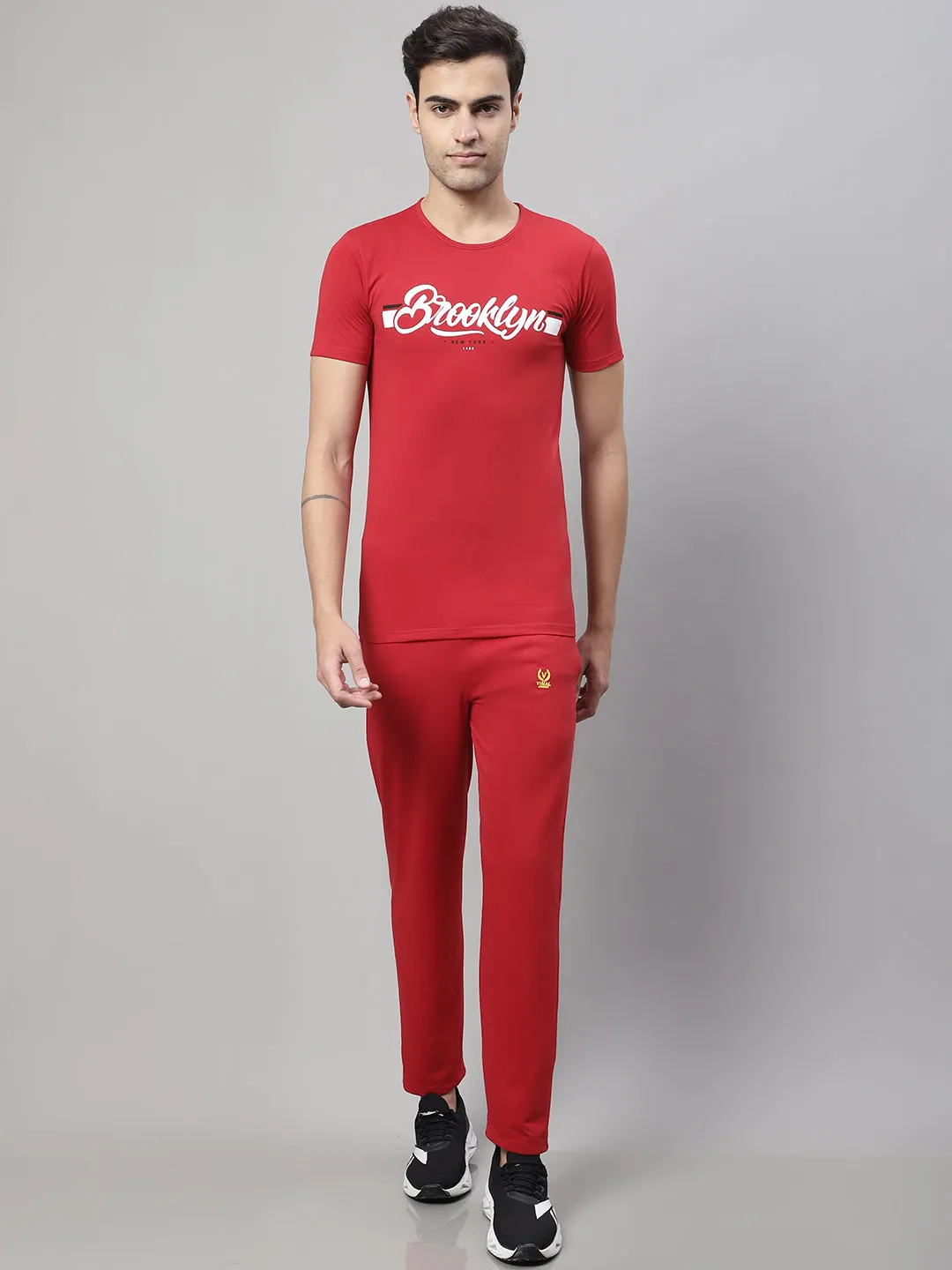 Vimal Jonney Red Cotton Printed Co-ord Set Tracksuit For Men(Zip On 1 Side Pocket)