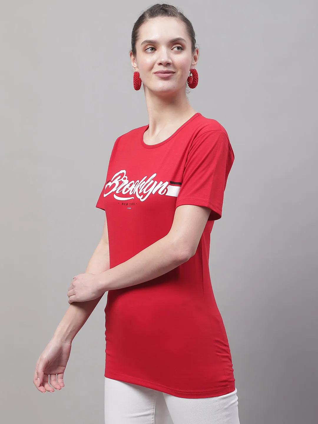 Vimal Jonney Round Neck Cotton Printed Red T-Shirt for Women