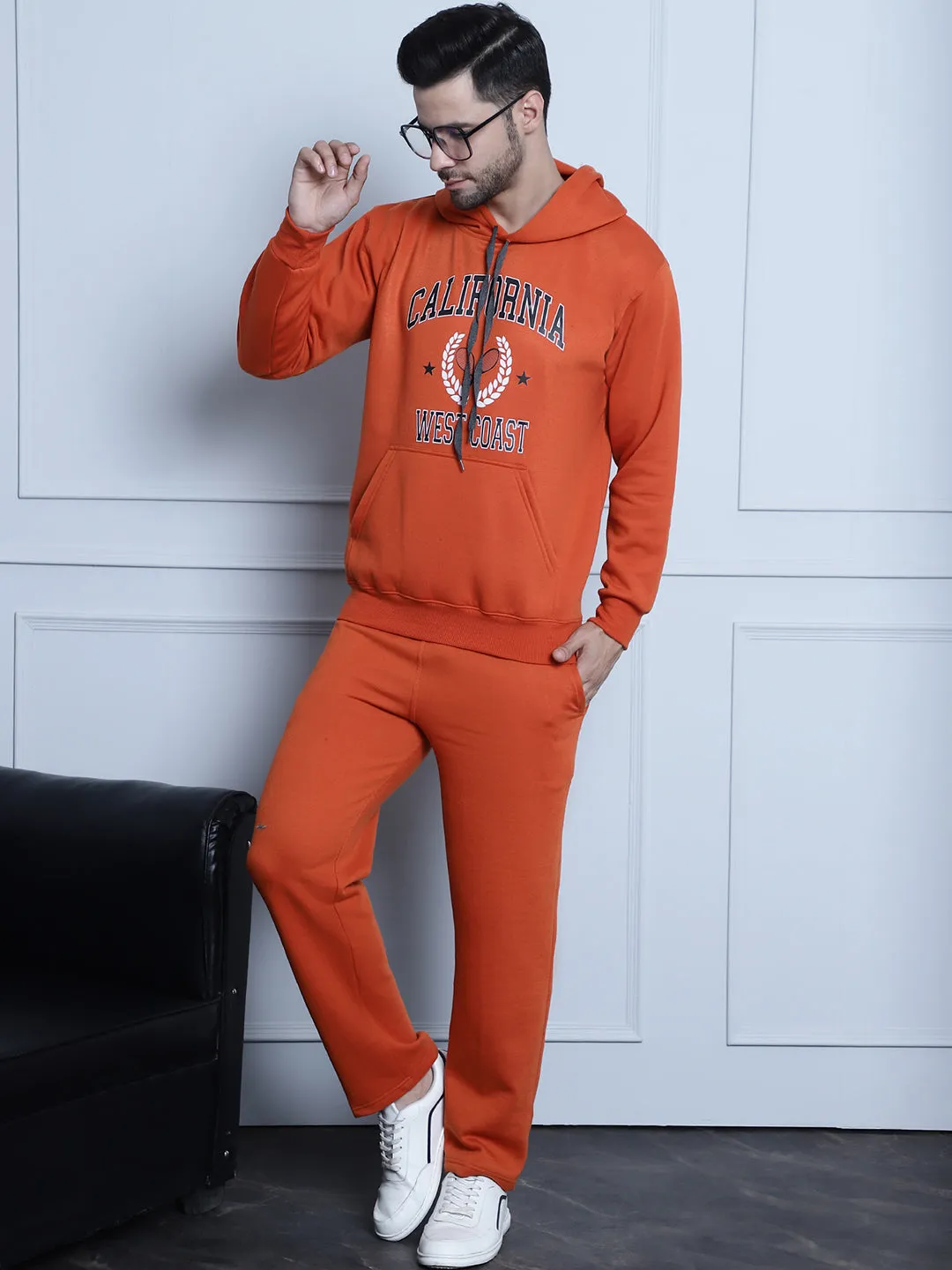 Vimal Jonney Rust Printed Hooded Cotton Fleece Tracksuit for Men