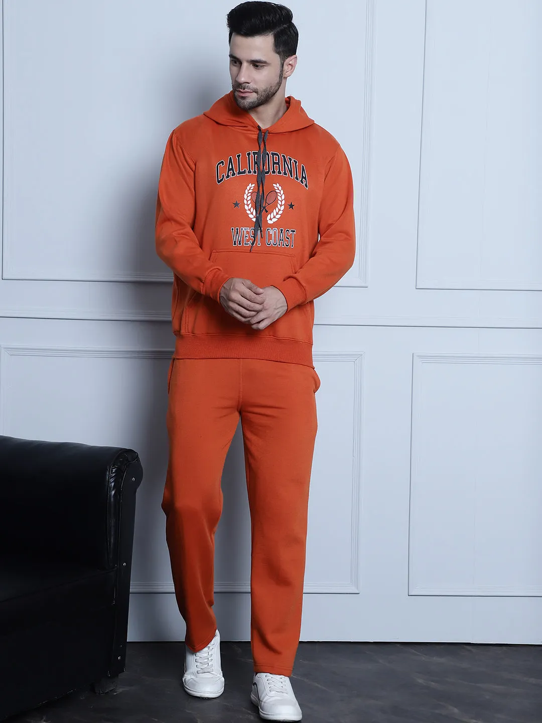 Vimal Jonney Rust Printed Hooded Cotton Fleece Tracksuit for Men