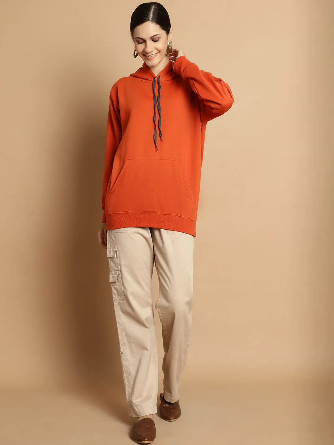 Vimal Jonney Rust Solid Hooded Cotton Fleece Sweatshirt for Women