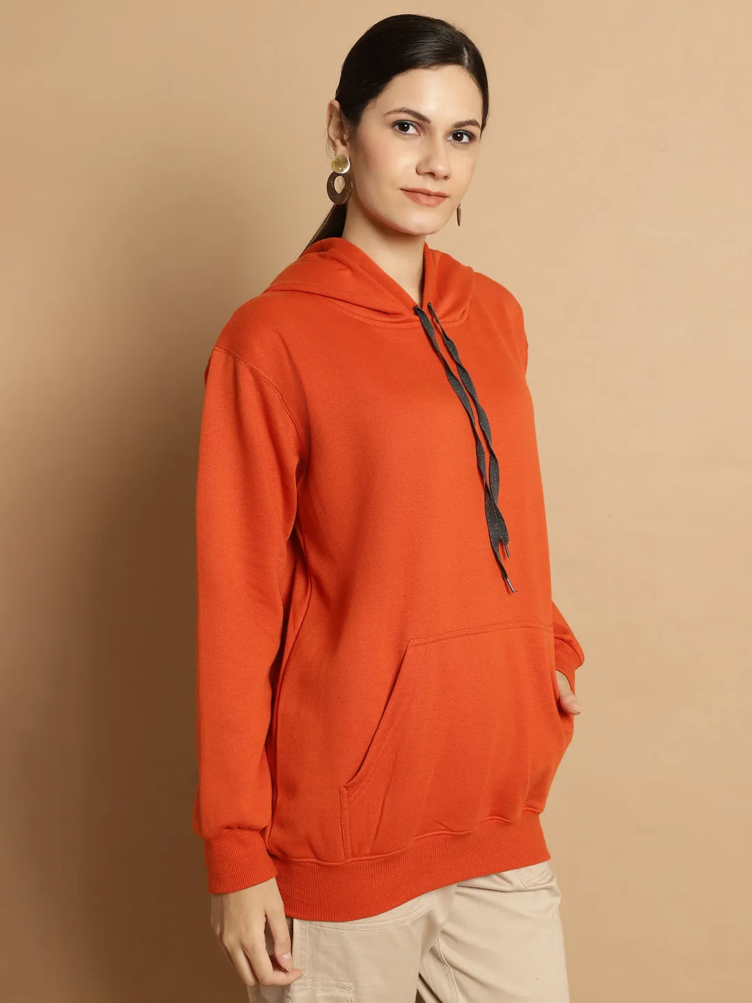 Vimal Jonney Rust Solid Hooded Cotton Fleece Sweatshirt for Women