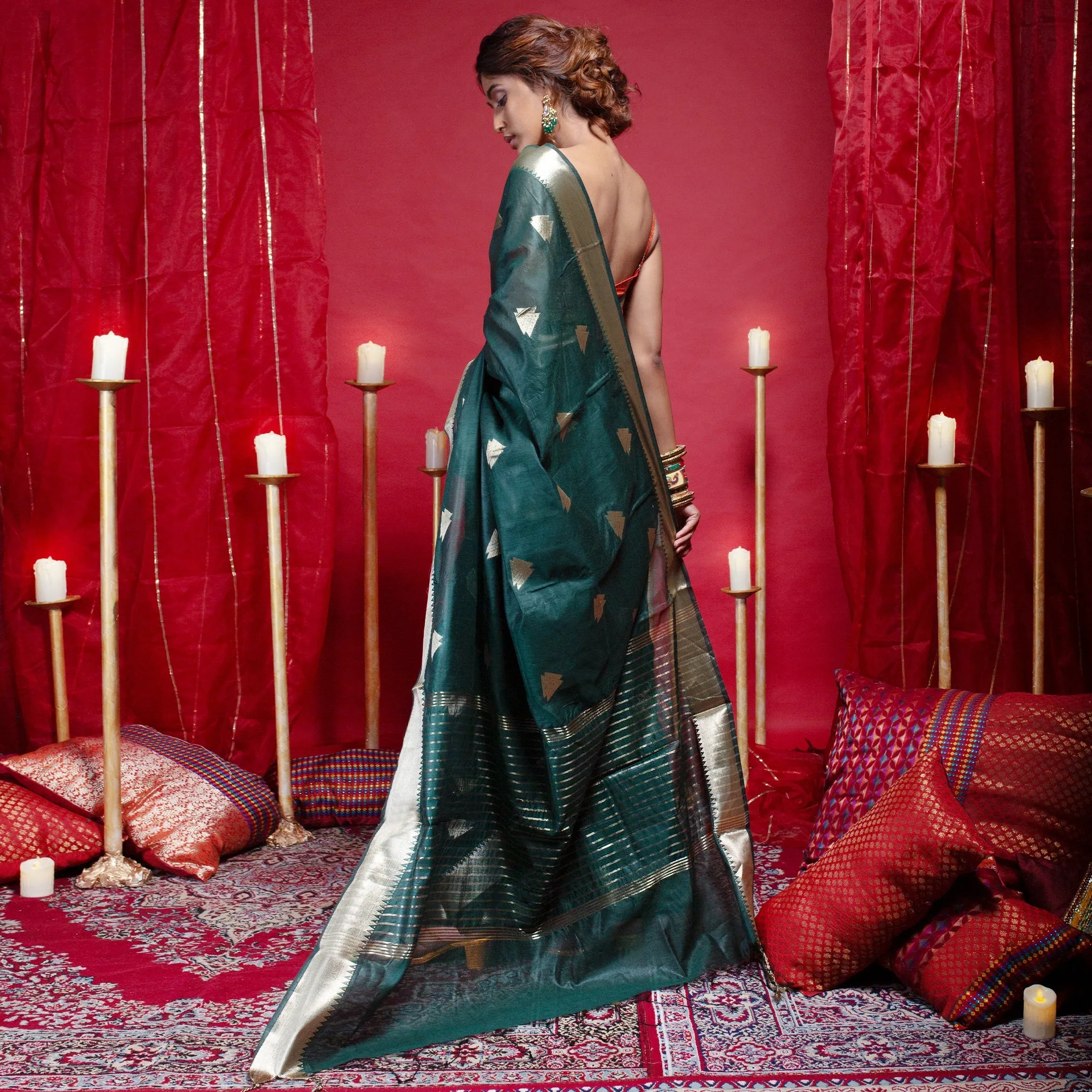 Women Banarasi Kora Organza Saree In Green Color With Triangle Zari Motifs And Border