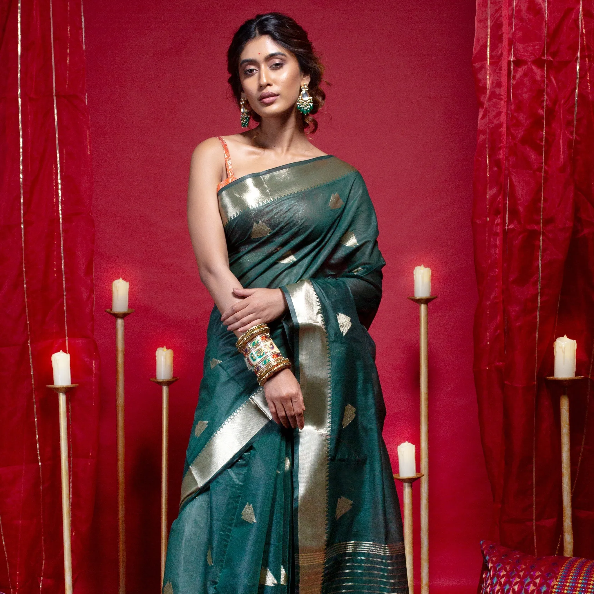 Women Banarasi Kora Organza Saree In Green Color With Triangle Zari Motifs And Border