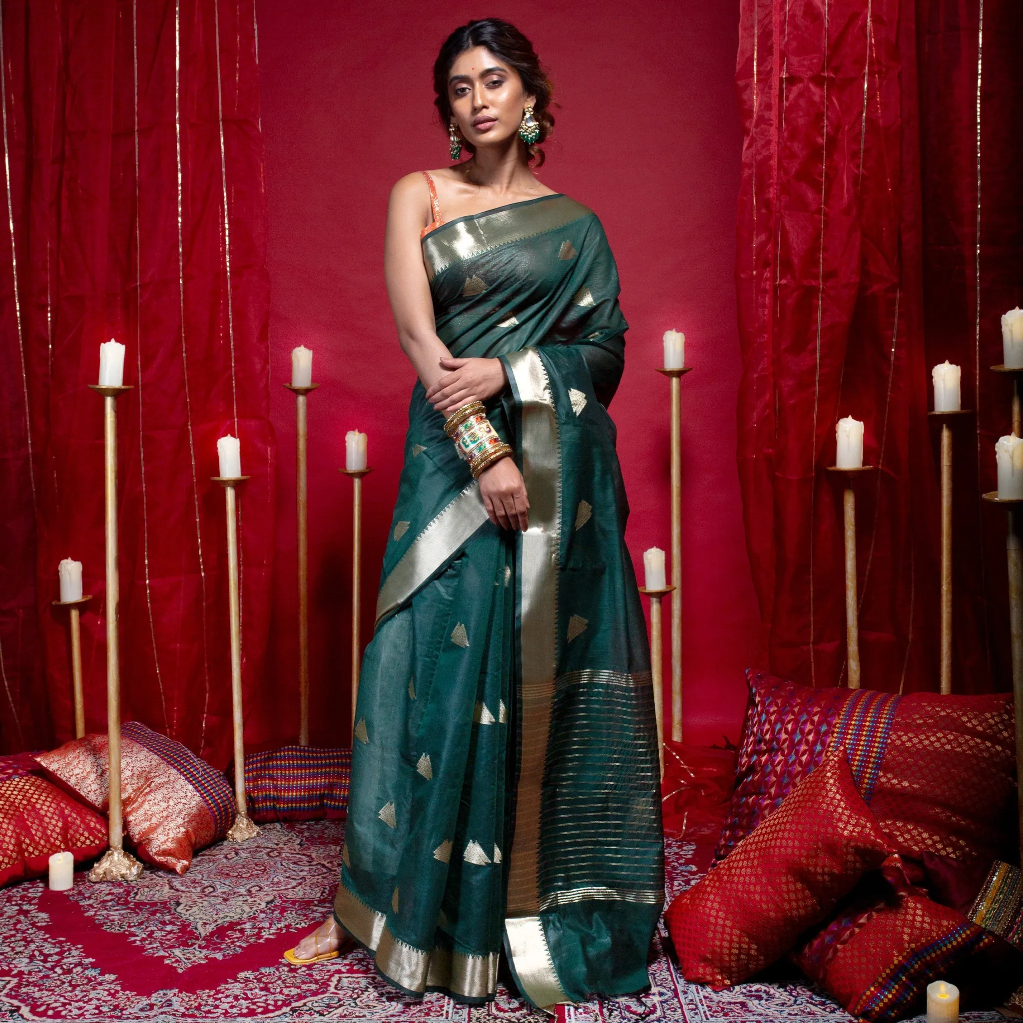 Women Banarasi Kora Organza Saree In Green Color With Triangle Zari Motifs And Border