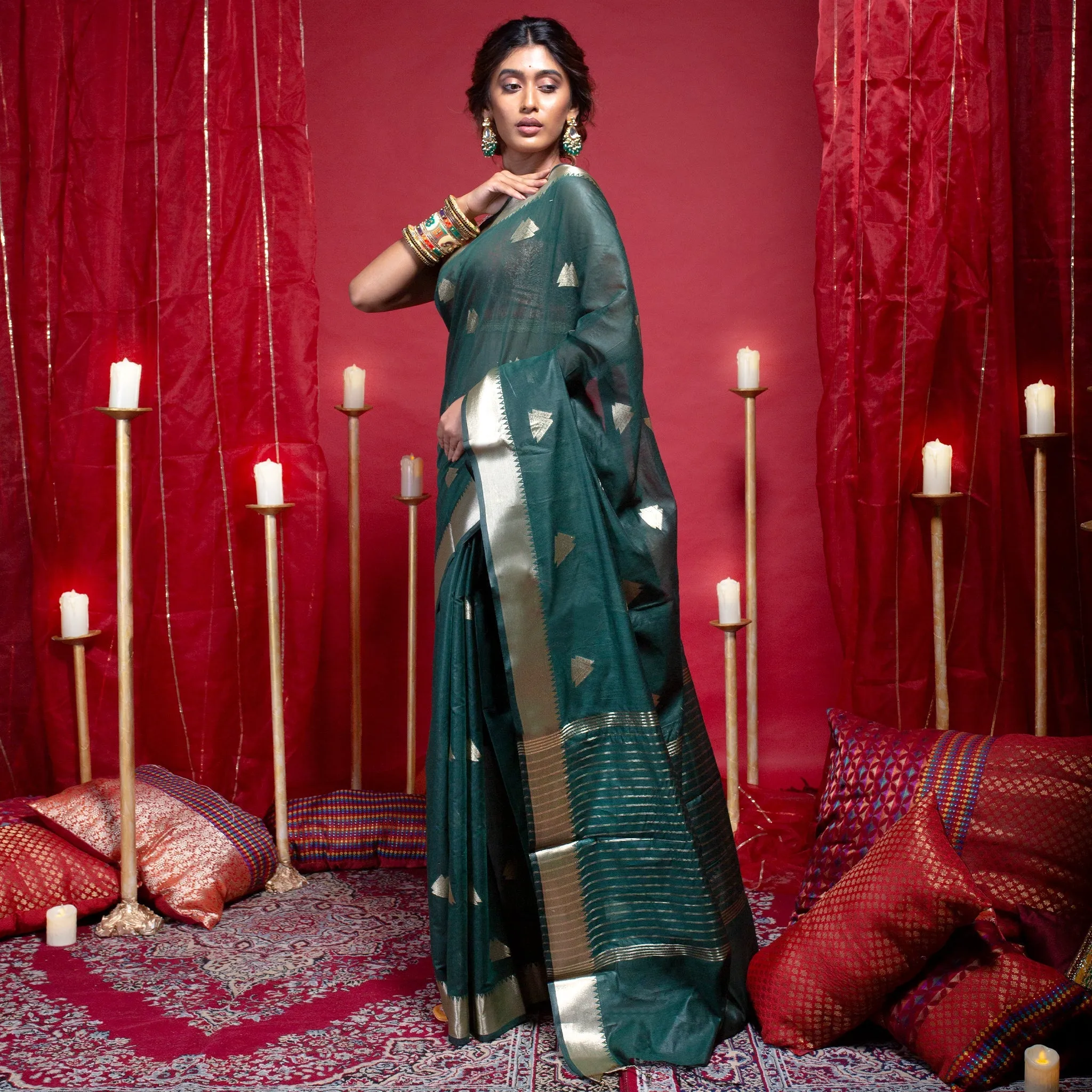 Women Banarasi Kora Organza Saree In Green Color With Triangle Zari Motifs And Border