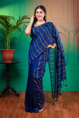 Women Ink Blue Handloom Linen Saree With Green Stripe