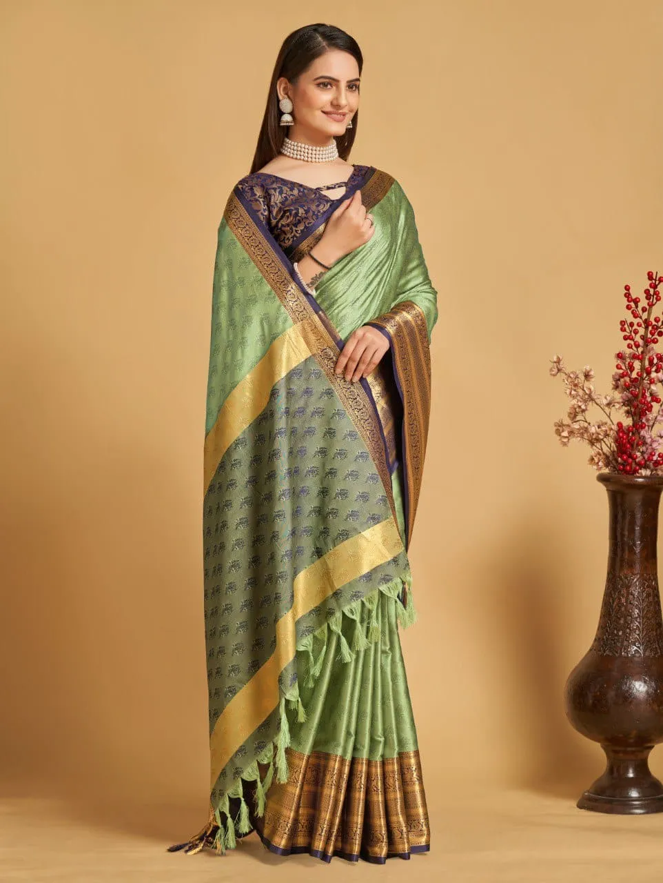 Women Party Wear Designer Sea Green Colour Banarasi Silk Saree Collection