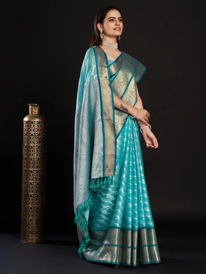 Women Party Wear Designer Sky Blue Colour Kanjivaram Silk Saree Collection