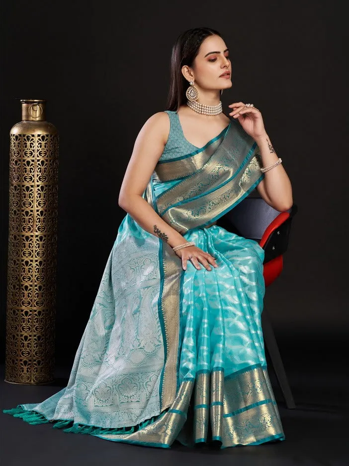 Women Party Wear Designer Sky Blue Colour Kanjivaram Silk Saree Collection