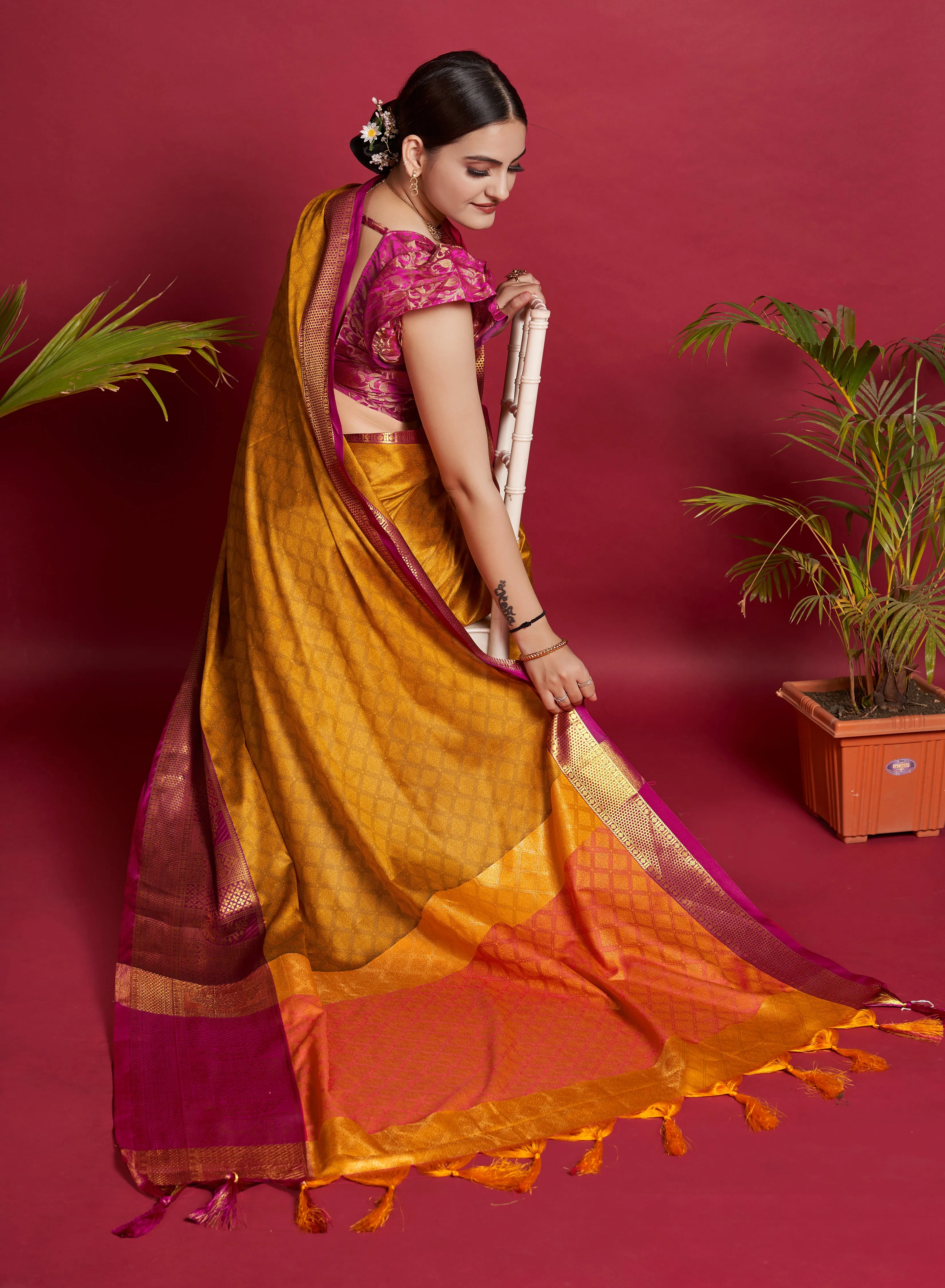 Women Party Wear Designer Soft Silk Yellow colour Saree with Zari Border Work