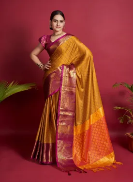 Women Party Wear Designer Soft Silk Yellow colour Saree with Zari Border Work