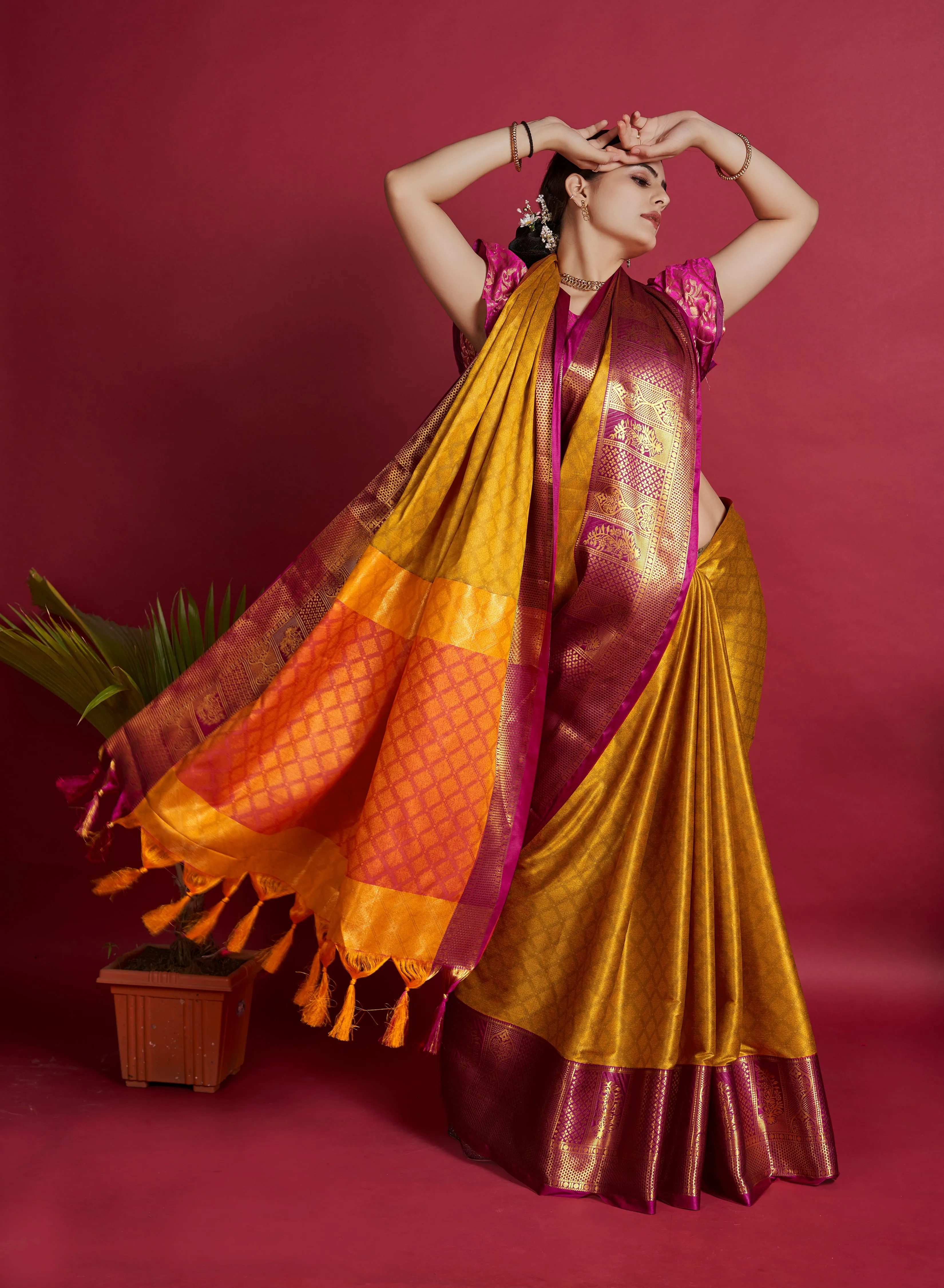 Women Party Wear Designer Soft Silk Yellow colour Saree with Zari Border Work