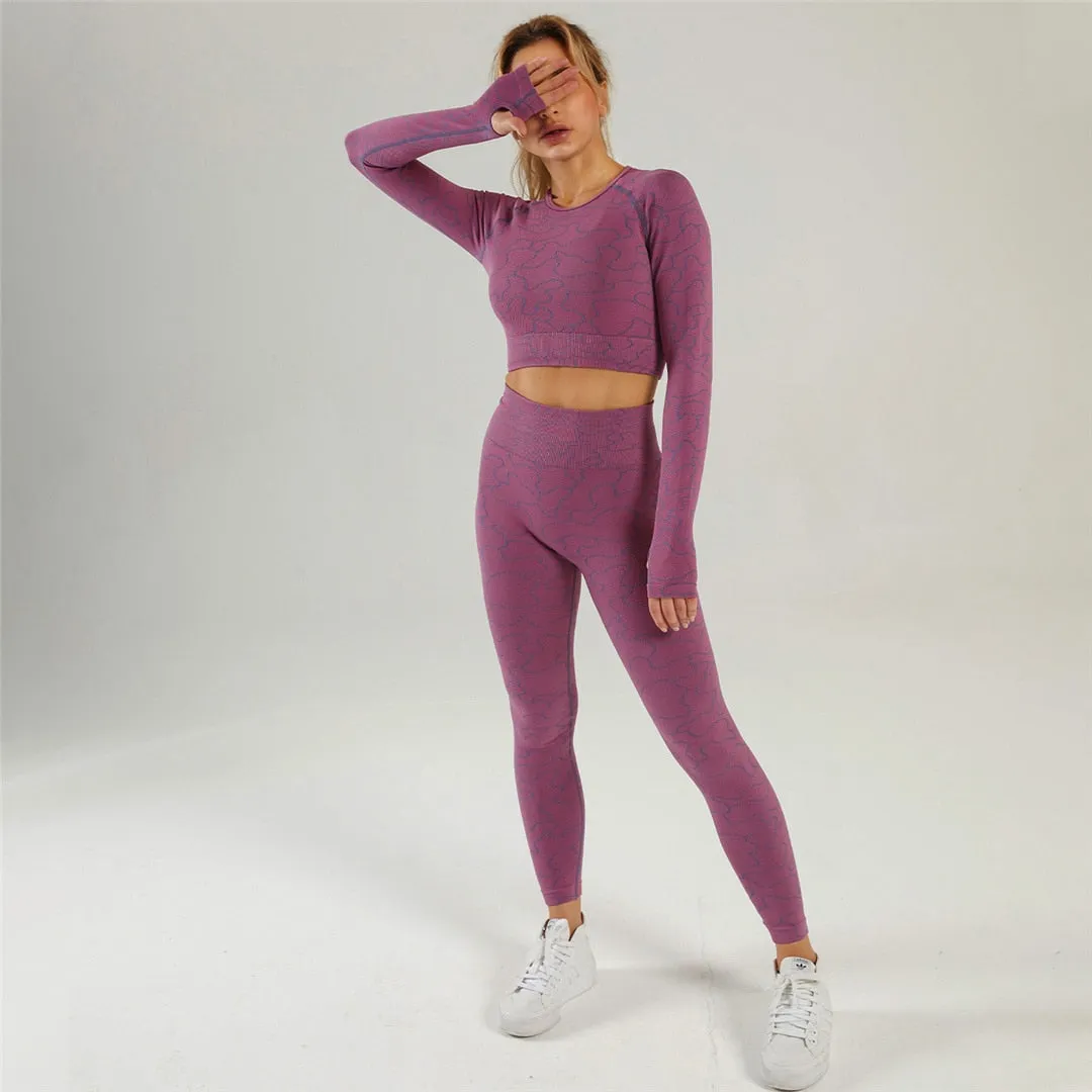 Women Sportswear Seamless Yoga Set Long Sleeve Yoga Tops High Waist Leggings Fitness Workout  Sports Clothes Gym Outfit A068TP