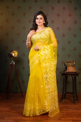 Women Yellow Pure Muslin Silk Saree With Off-White Woven Motifs