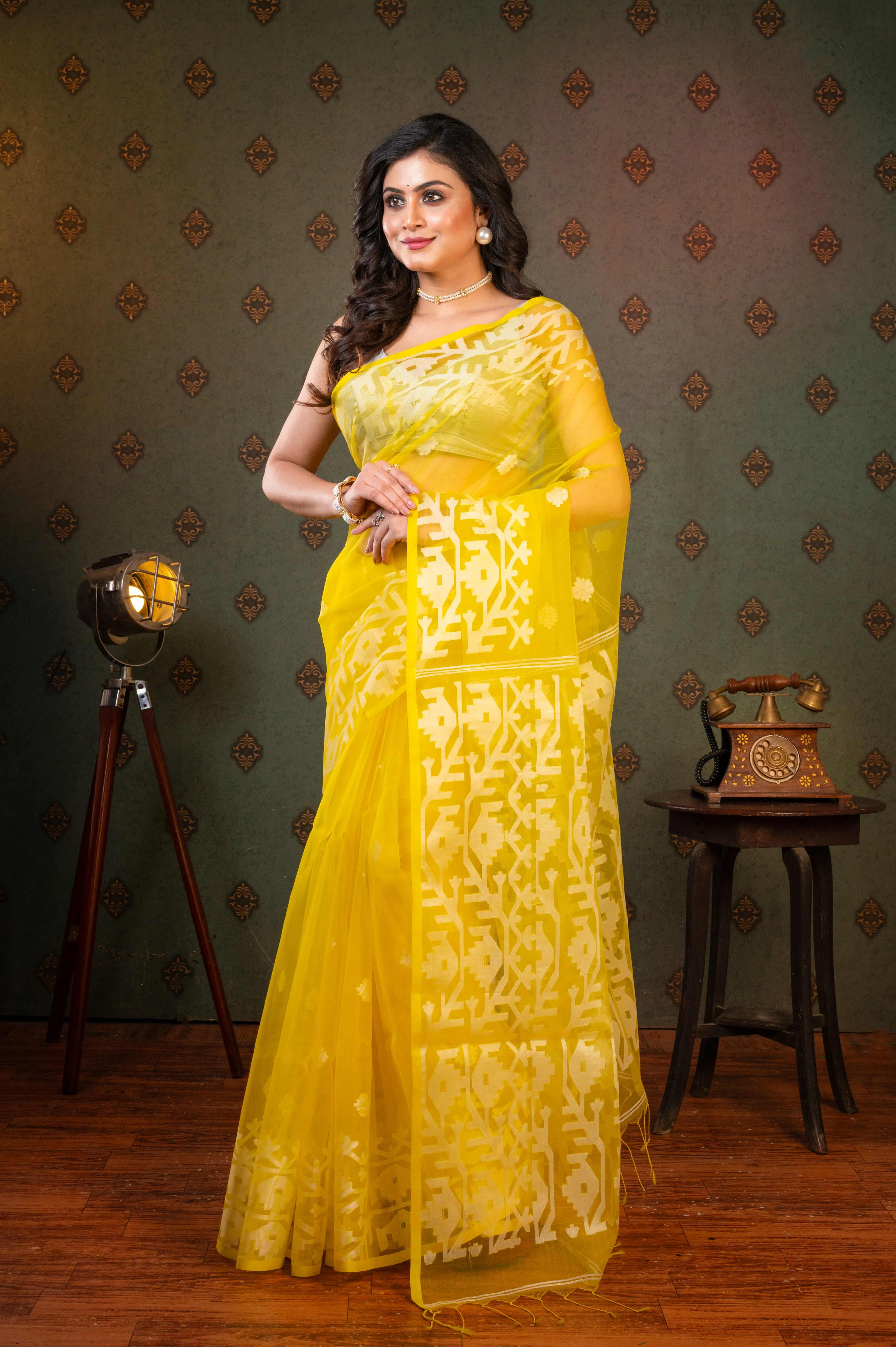 Women Yellow Pure Muslin Silk Saree With Off-White Woven Motifs