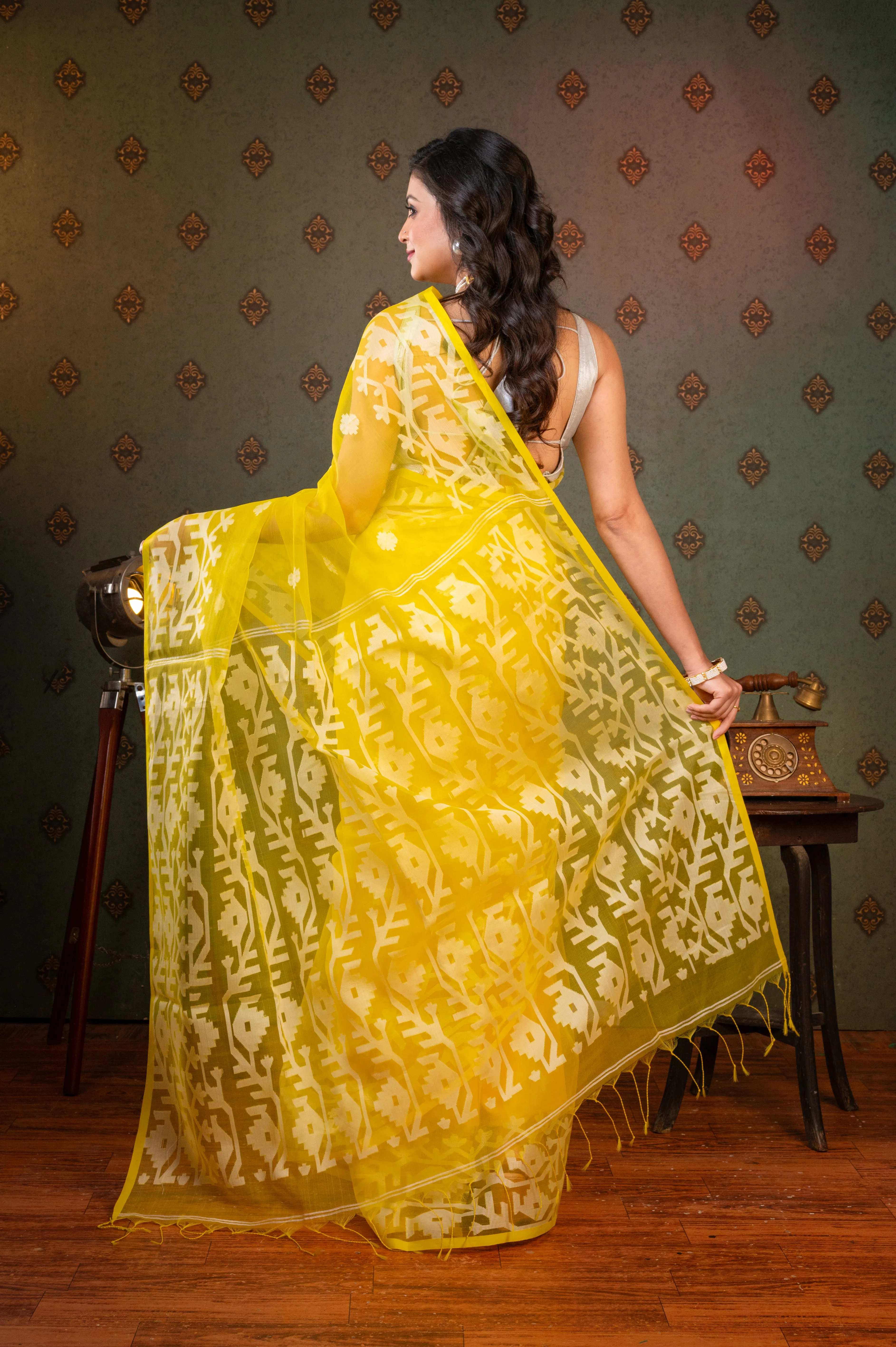 Women Yellow Pure Muslin Silk Saree With Off-White Woven Motifs