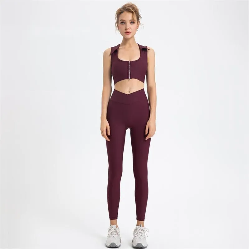 Yoga Sets Womens 2 Piece Sexy Cutout Zipper Crop Top Leggings Suits Fitness Sports Bra Shorts Gym Set Outfits Workout Clothes